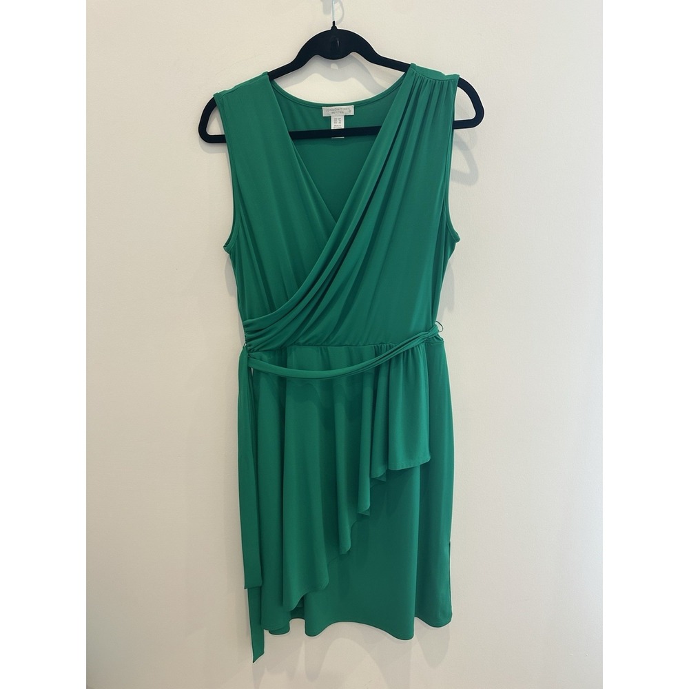 London Times Petites Green Sleeveless Faux Wrap Ruffle Sheath Dress 12P Holiday